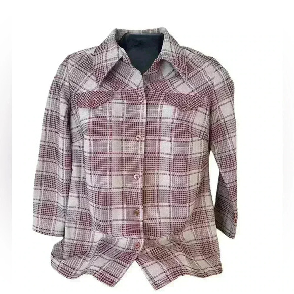 Vintage 60s 70s Plaid Shirt Jacket Long‎ Sleeve Pointed Collar Hipster Hippie L - Picture 1 of 7